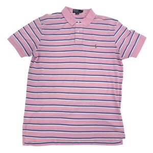 Polo Ralph Lauren Polo Shirt Mens L Pink Blue Striped Pima Cotton Short Sleeve